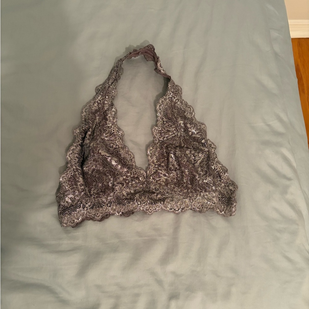 Silver Lace Halter Bralette - Gray Sparkle